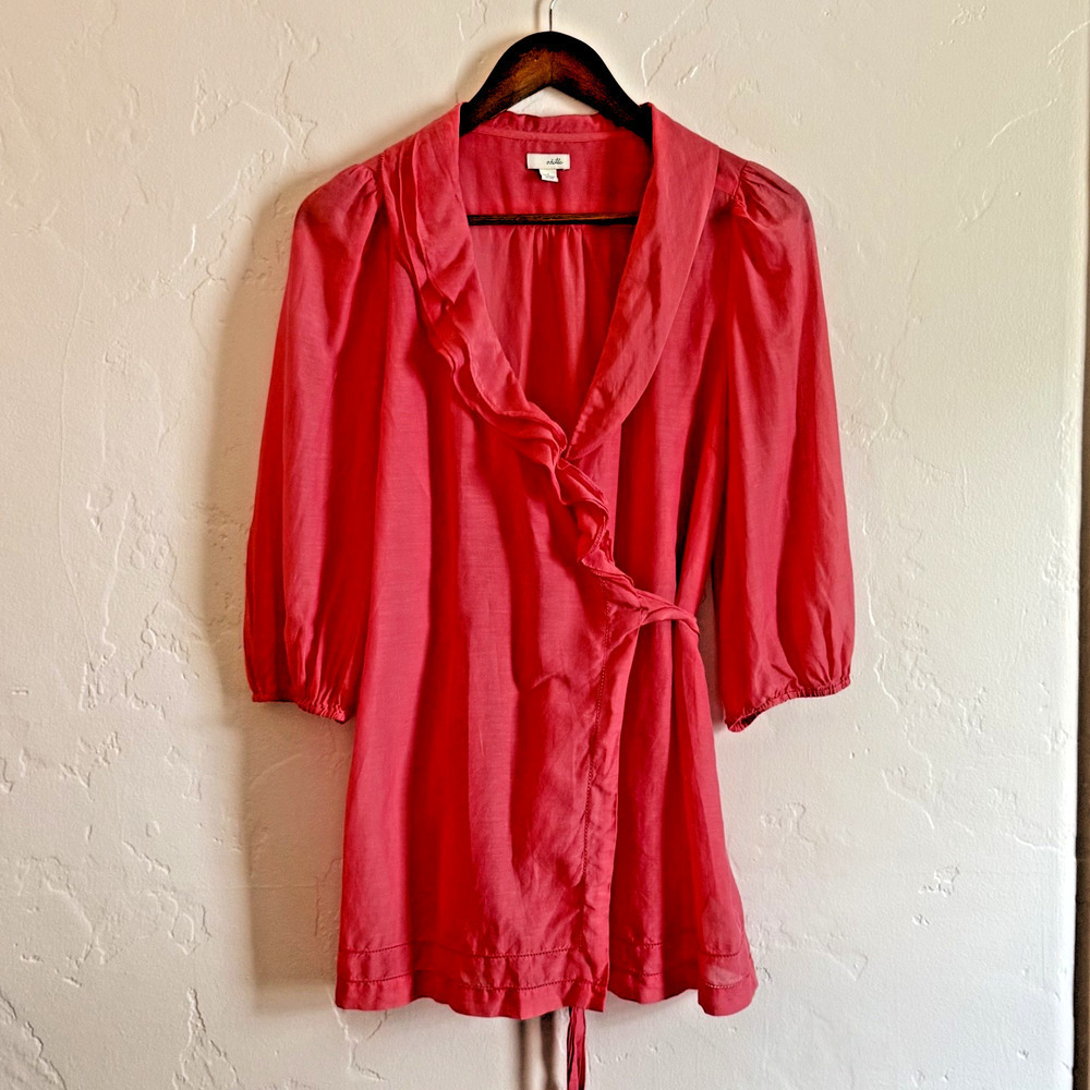 Anthropologie Odille Size 2 Blouse - Pink Wrap Sheer Tie Ruffles Long Sheer
